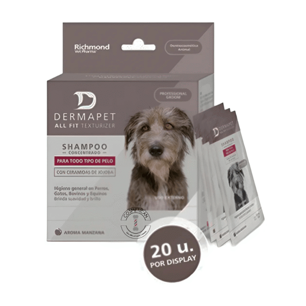 SHAMPOO-DERMAPET-PARA-TODO-TIPO-DE-PELO-SACHET Shampoo Dermapet en sachet para todo tipo de pelo. Caja de 20 unidades de 30 ml