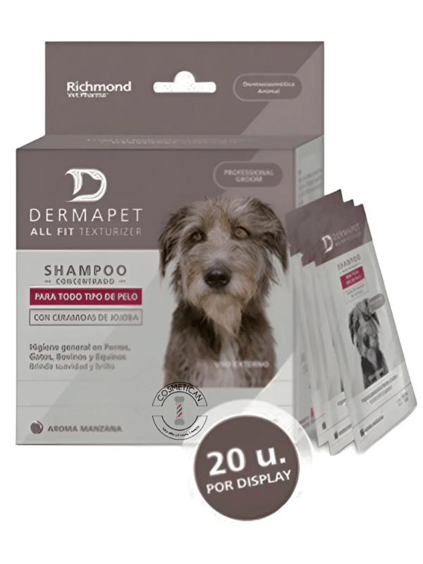 SHAMPOO-DERMAPET-PARA-TODO-TIPO-DE-PELO-SACHET Shampoo Dermapet en sachet para todo tipo de pelo. Caja de 20 unidades de 30 ml